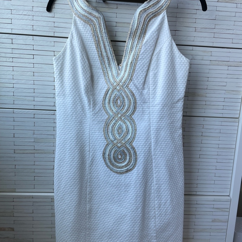 LILLY PULITZER WOMENS WHITE WITH GOLD AND SILVER TRIM PARTY DRESS - SIZE 0